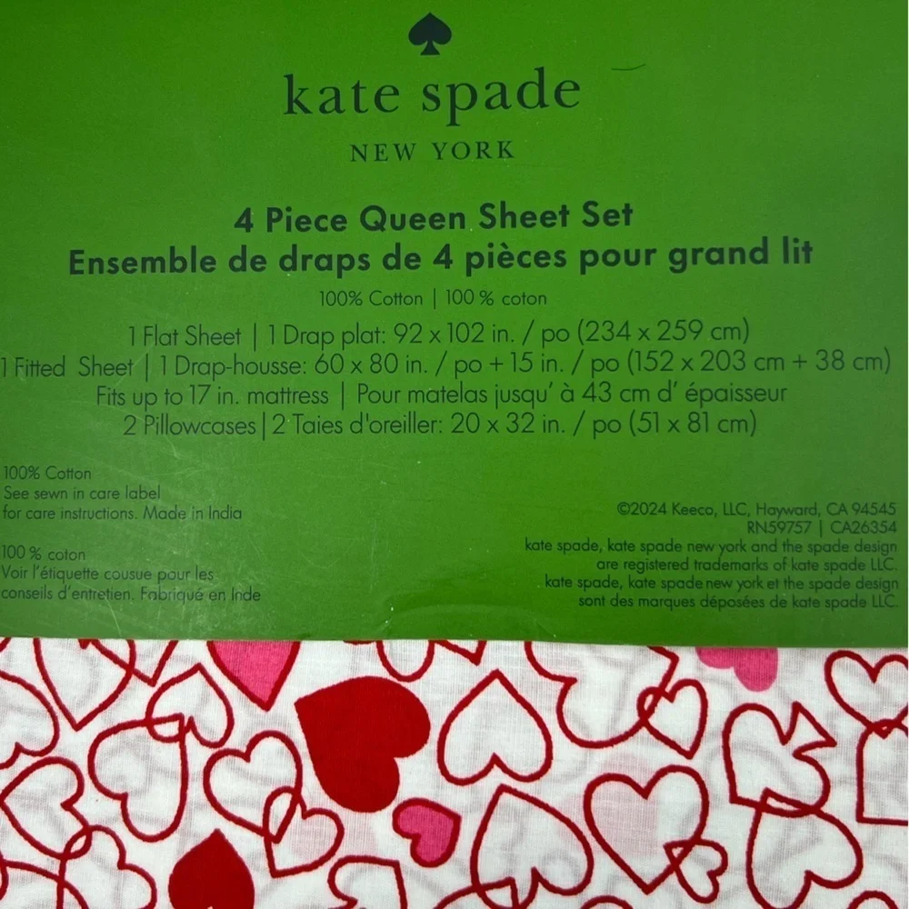 Kate Spade - Last One -‘Pink & Red Hearts’ Queen Sheet Set. NWT Firm! Last one!